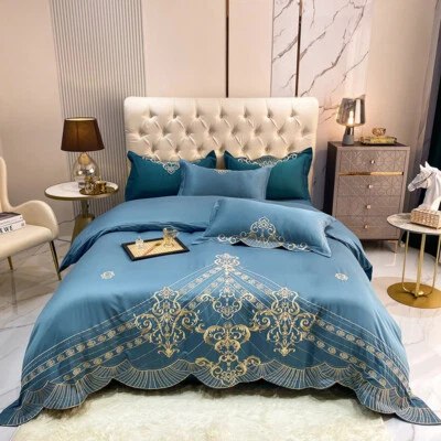 Juego de ropa de cama 4 piezas funda nórdica bordada de algodón sedoso de lujo sábana funda de almohada Foto 1 de 4