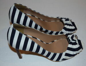 New Womens Ann Taylor Pump Sandal Shoes Stripe Black White Peep Toe 9.5
