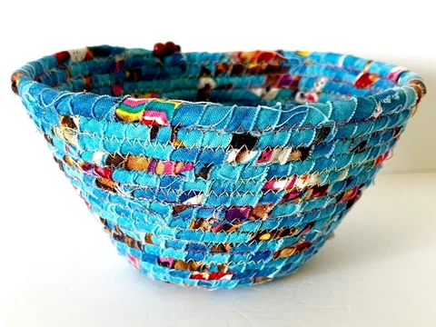Fabric Wrapped Coil Basket Blue Handmade Rag Rug Rope Recycled Folk Art Woven Cover
