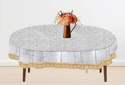 PVC  Oval Dining Table Cover with Golden Lace 54x78 inch 6 Seater - Image 1 of 4