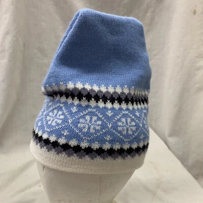 vintage stocking hat 1970 1980s ski retro tuque beanie Blue Snowflake White Gray - Image 1 of 4