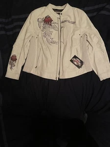 Harley Davidson Women's Pacific Coast Red Rose White Leather Jacket 2W - Picture 1 of 9