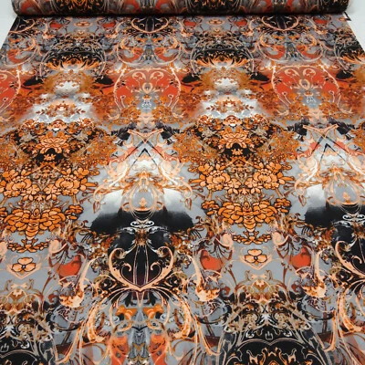 Stoff Powerstretch Jersey Ornamente Blumen Abstrakt orange grau schwarz bunt - Bild 1 von 4