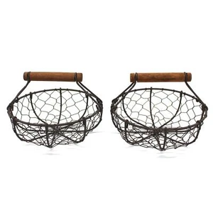 Chicken Wire Egg Baskets Rust Gathering Baskets With Wooden Handle Country Vinta - Picture 1 of 4