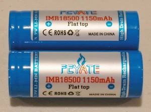 2 pc Feyate IMR 18500 LiMn 1150maH HIGH DRAIN Rechargeable Battery 3.7V Flat top - Picture 1 of 2