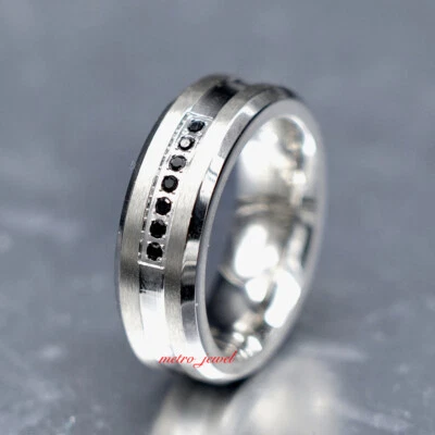 El mejor anillo de tungsteno de lujo negro con incrustaciones de circonita cúbica para hombre alianza de boda cepillada talla 7 8 9-15 Foto 1 de 3
