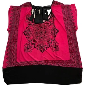 Lavish Plus 3XL Fusia Black Bandana Pattern Flutter Sleeve Bottom Band Tie Back - Picture 1 of 5