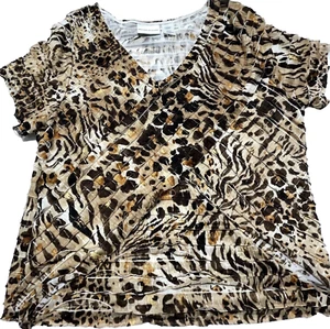 Alfred Dunner Womens Large Top Animal Print Stretch Short Sleeve Ruffle Tiered - Picture 1 of 4