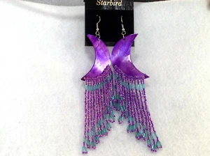 PURPLE MOTHER OF PEARL  DANGLE BEADED EARRINGS 80's VINTAGE - Picture 1 of 8