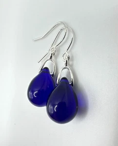 Dark Cobalt Blue Czech Glass Teardrop Earrings - Small colourful and lightweight - Picture 1 of 3