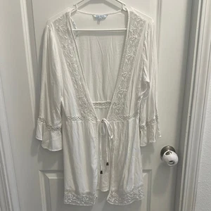 Blue Island White Cover-Up Embroidered Crochet Trim Drewstring Size M - Picture 1 of 6