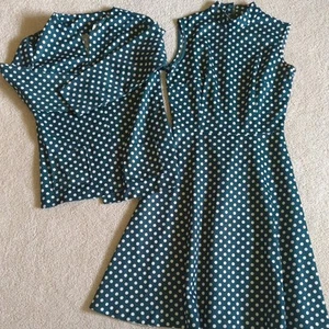 Vintage 60s 70s Dress Jacket Womens Green Polka Dot 2 Piece Fit Flare Sundress  - Picture 1 of 17