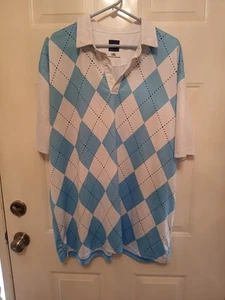 Ready Golf Polo Shirt Mens 2XL Blue White Argyle Casual Lightweight Short Sleeve - Picture 1 of 6