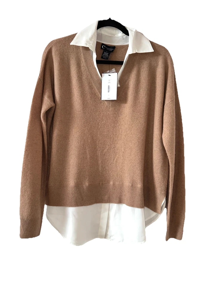 BLOOMINGDALES NUEVO CON ETIQUETAS Talla L Cachemira 2 Capas Dosfer Suéter Top Camel Marrón Blanco H97 Foto 1 de 4