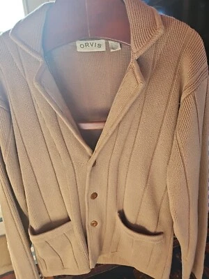 FAB Orvis Tan Cardigan Cotton/ Notch Collar/ 3 Logo Buttonsr /Elbow Patch Sz. M - Image 1 of 4