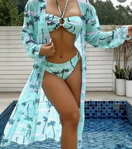 Womens Swimsuit 3 Piece Bikini Swimwear Ladies Bathing Suit Long Sleeve Cove Up - Picture 1 of 8