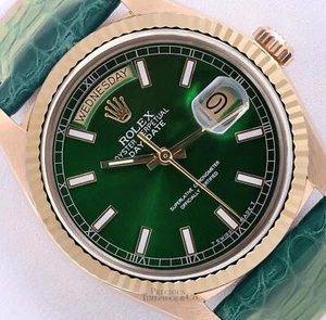 Rolex Day-Date 36mm President 18k Gold 18238-Green Stick Dial-Green Leather Band - Picture 1 of 7