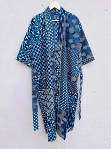 Indigo Cotton Block Print Kimono Robe - Block print Robe - Loose Kimono robe - Picture 1 of 2
