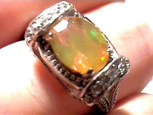 STERLING SILVER OPAL RING 7.5 WHITE GOLD, FANCY WHITE SAPPHIRE PRINCESS 925  - Picture 1 of 6