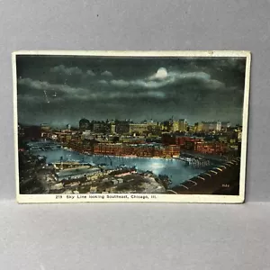 Cartolina Skyline guardando sud est di notte Chicago Illinois 1920 - Foto 1 di 2