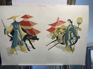 Pair Of Vintage MCM Art Deco Lithographs - Picture 1 of 7
