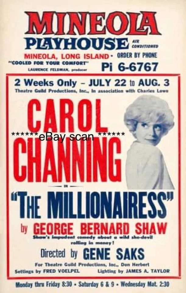 Carol Channing Minneola Playhouse Poster THE MILLIONAIRESS 1963 Window Card - Image 1 of 1