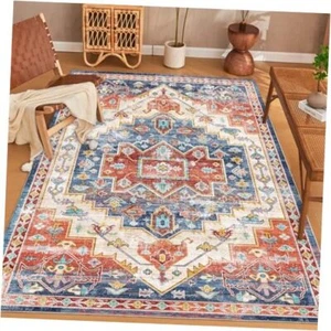 6x9 Area Rugs Washable Rug 6x9 Oriental Rug Boho Living Room 6'x9' Orange/Blue - Picture 1 of 8
