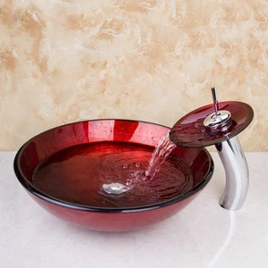 Red Bathroom Vessel Sink Round Tempered Glass Basin Vanity Bowl With Faucet Sets - Picture 1 of 7