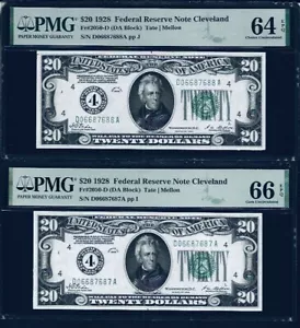 Set Of 2 “consecutive ” 1928$20 FRN Cleveland Fr. 2050-D PMG 64&66EPQ - Picture 1 of 2