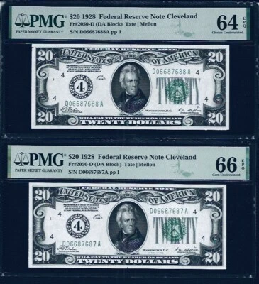 Set Of 2 “consecutive ” 1928$20 FRN Cleveland Fr. 2050-D PMG 64&66EPQ - Image 1 of 2