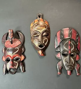 Kenya African Masks Hand Carved, Painted Wooden Set Of 3 Tribal - Picture 1 of 7