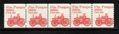 Stamp USA  20¢ Fire Pumper 1860 - Plate #10 Coil Strip of 5 MNH stamps - SC#1908 - Image 1 of 2