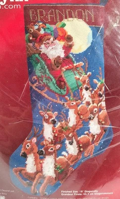 Janlynn Needlepoint Christmas Stocking Kit Up Up & Away Sleigh 18" 12 Mesh Wool - Image 1 of 3