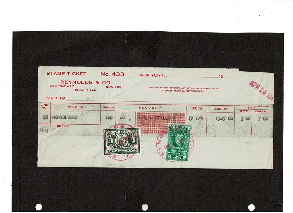 1941 STAMP TICKET Reynolds  Stock Transfer  w 2 Stock Transfer Stamps Sc#RD83- - Image 1 of 1