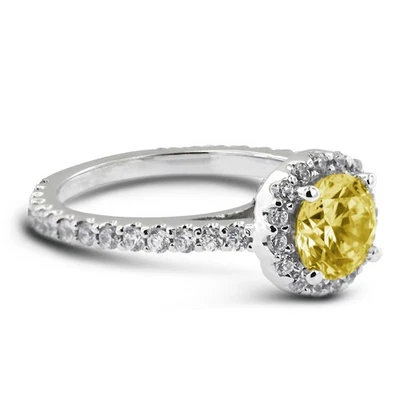 Anillo de piedra lateral con halo de oro de 18 k con diamantes naturales redondos VS2 amarillo de 1,42 quilates Foto 1 de 4