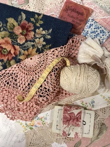 CHARMING BUNDLE of vintage fabrics, needlepoint piece, trims - a WOW collection - Picture 1 of 20