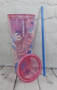 New Starbucks Summer 2023 Pink Floral 24oz Cold Cup With Purple Straw - Picture 1 of 7