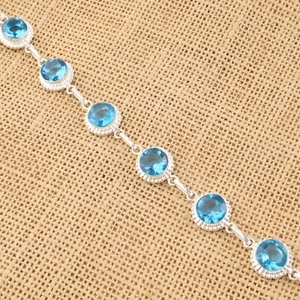 Pulsera bisel cadena boda topacio azul suizo natural facetado joyería plata 925 - Imagen 1 de 6
