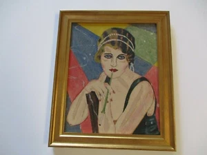 ANTIQUE ART DECO FLAPPER PAINTING VINTAGE PRETTY WOMAN FEMALE MODEL 1920'S - Picture 1 of 8
