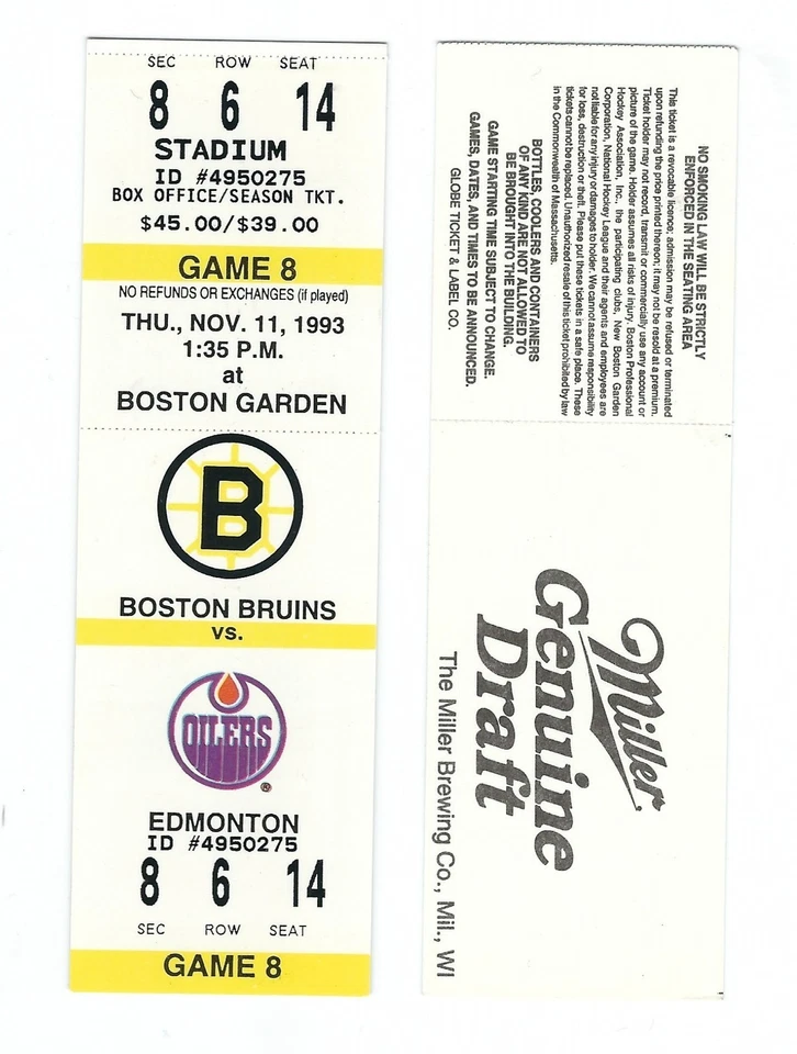 Edmonton Oilers Last Game at Boston Garden NHL Hockey Bruins Unused Ticket 1993 - Image 1 of 1