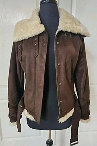 EXPRESS Brown Faux Suede Sherling Moto Jacket Womens Size Medium - Picture 1 of 14