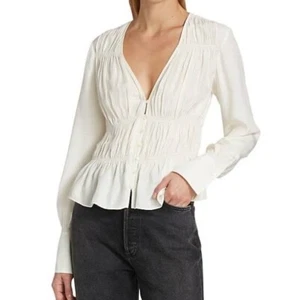 Frame Frame Ruched V-Neck button down Silk Off-White Blouse sz M - Picture 1 of 5