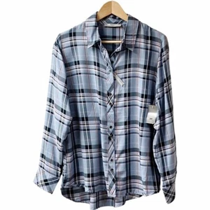 NWT LEE RIDERS Womens Plaid Shirt SZ Large Blue No Gap Snap Long Sleeve Viscose - Picture 1 of 11