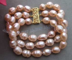 3 Rows Genuine Natural Pink Freshwater Baroque Oval Pearl Bracelet 8'' - Picture 1 of 11