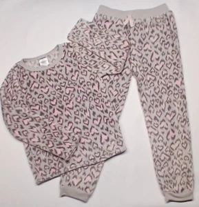 Lands End Plush Fleece Pajama Set Grey Pink Hearts Girls Size 8 Valentine's Day - Picture 1 of 7