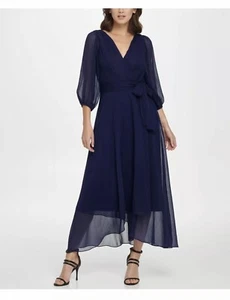 DKNY Womens Navy 3/4 Sleeve V Neck Midi Wrap Dress Party Dress Size: 2 - Picture 1 of 11
