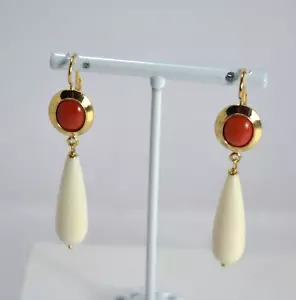 ORECCHINI ARGENTO 925 DORATO CORALLO ROSSO CABOCHON PENDOLI OSSO AGHT 0901 - Foto 1 di 3