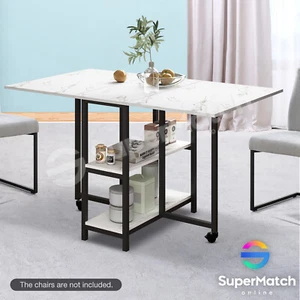 Folding Dining Table Dinner Desk Foldable Wooden Metal with Shelves Wheels - Picture 1 of 10