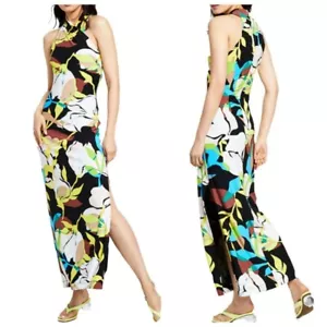 Maxi Vestido Jersey Rachel Rachel Roy Entrecruzado Halter XL Negro Flor - Imagen 1 de 9
