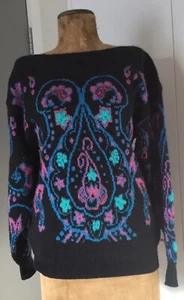 RETRO acrylic psychedelic JUMPER 1970’s SMALL 8/10 BLACK +Fluoro WASHED - Picture 1 of 12